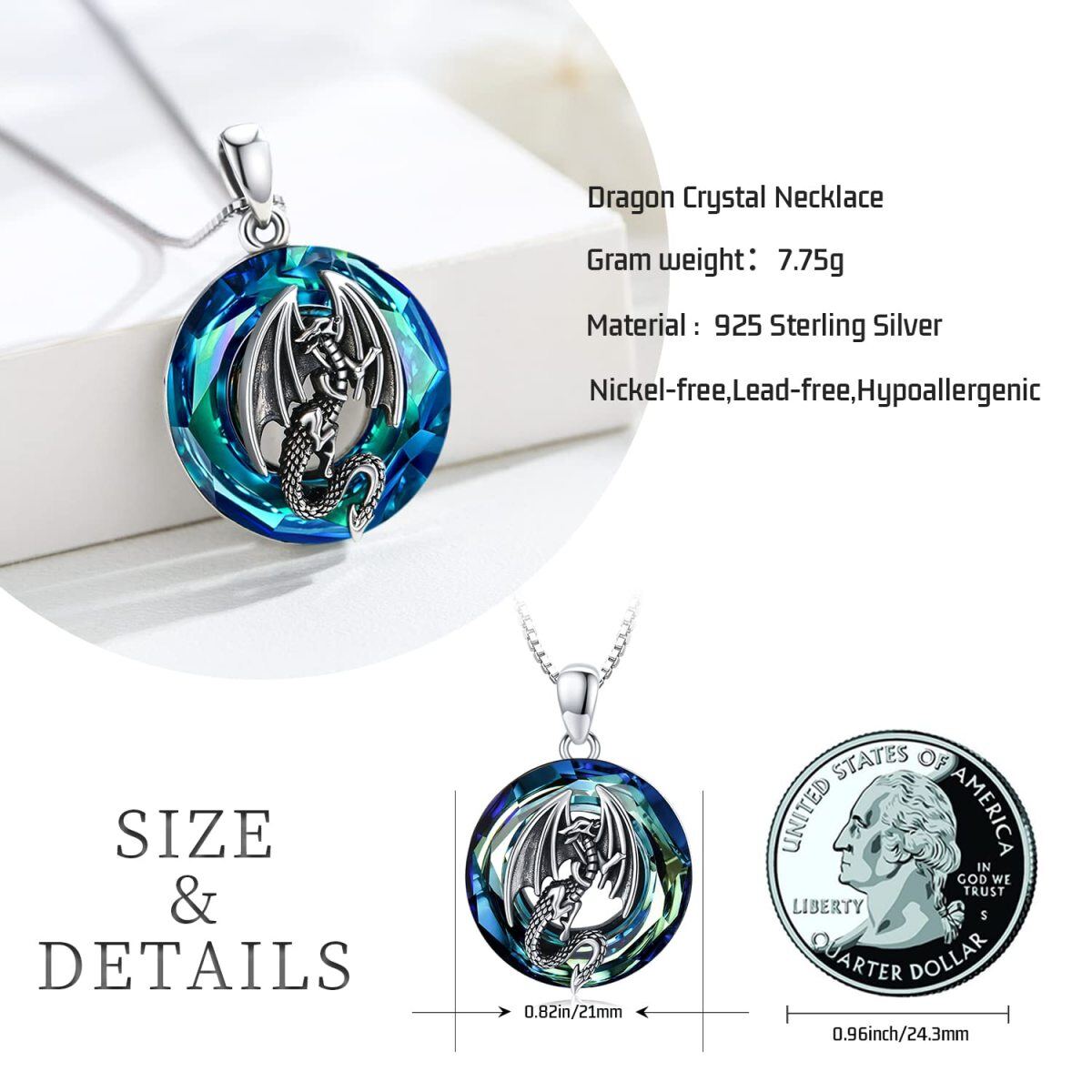 Sterling Silver Circular Shaped Dragon Crystal Pendant Necklace-7
