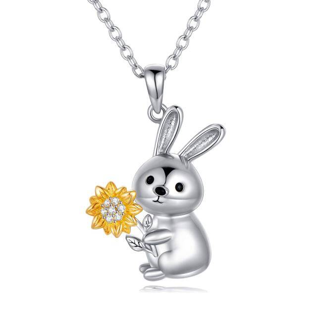 Sterling Silver Two-tone Circular Shaped Cubic Zirconia Rabbit & Sunflower Pendant Necklace-1