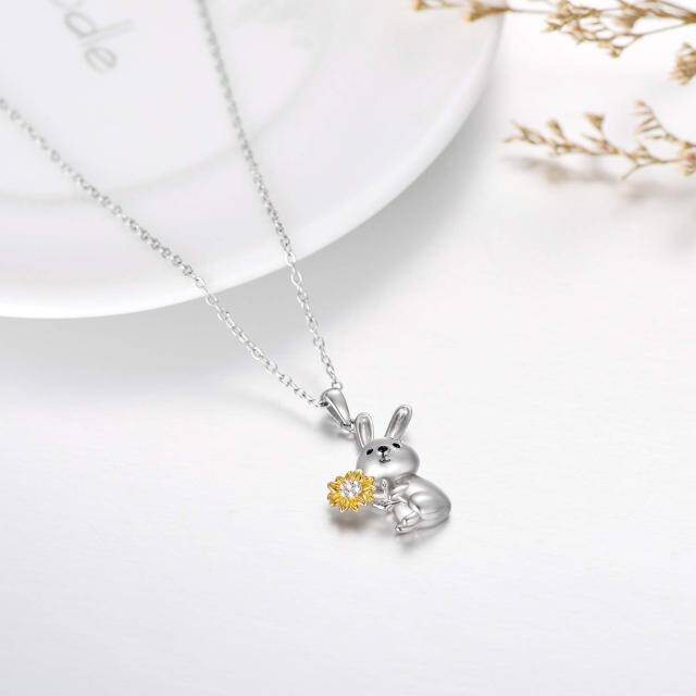 Sterling Silver Two-tone Circular Shaped Cubic Zirconia Rabbit & Sunflower Pendant Necklace-4