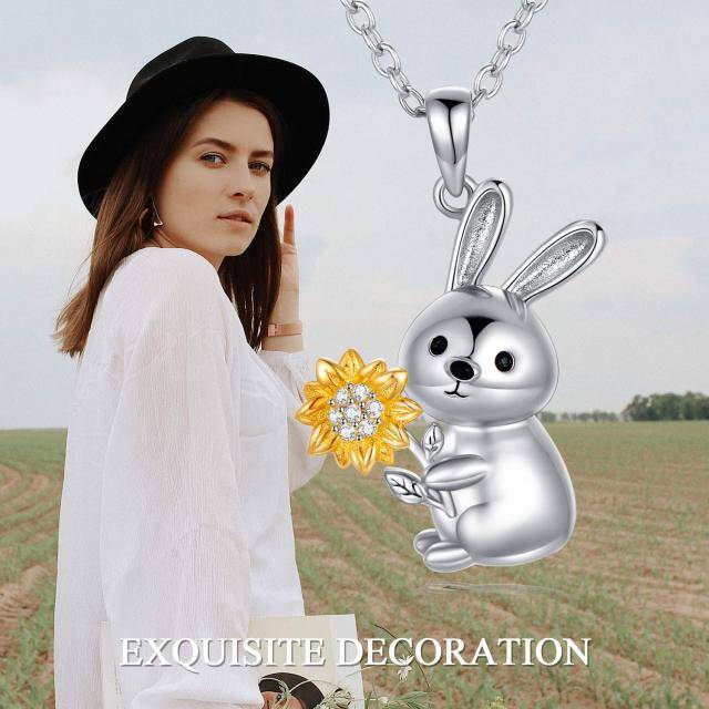 Sterling Silver Two-tone Circular Shaped Cubic Zirconia Rabbit & Sunflower Pendant Necklace-6