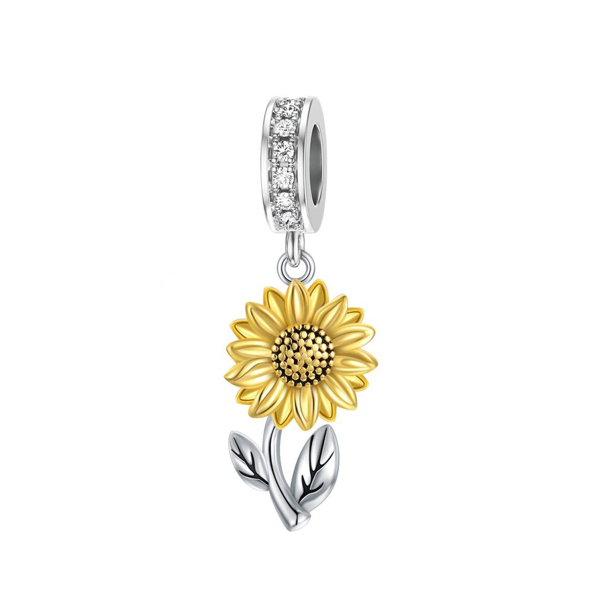 Sterling Silver Two-tone Cubic Zirconia Sunflower Dangle Charm-1