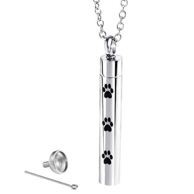 Stainless Steel with White Gold Plated Paw & Footprints Urn Necklace for Ashes-1