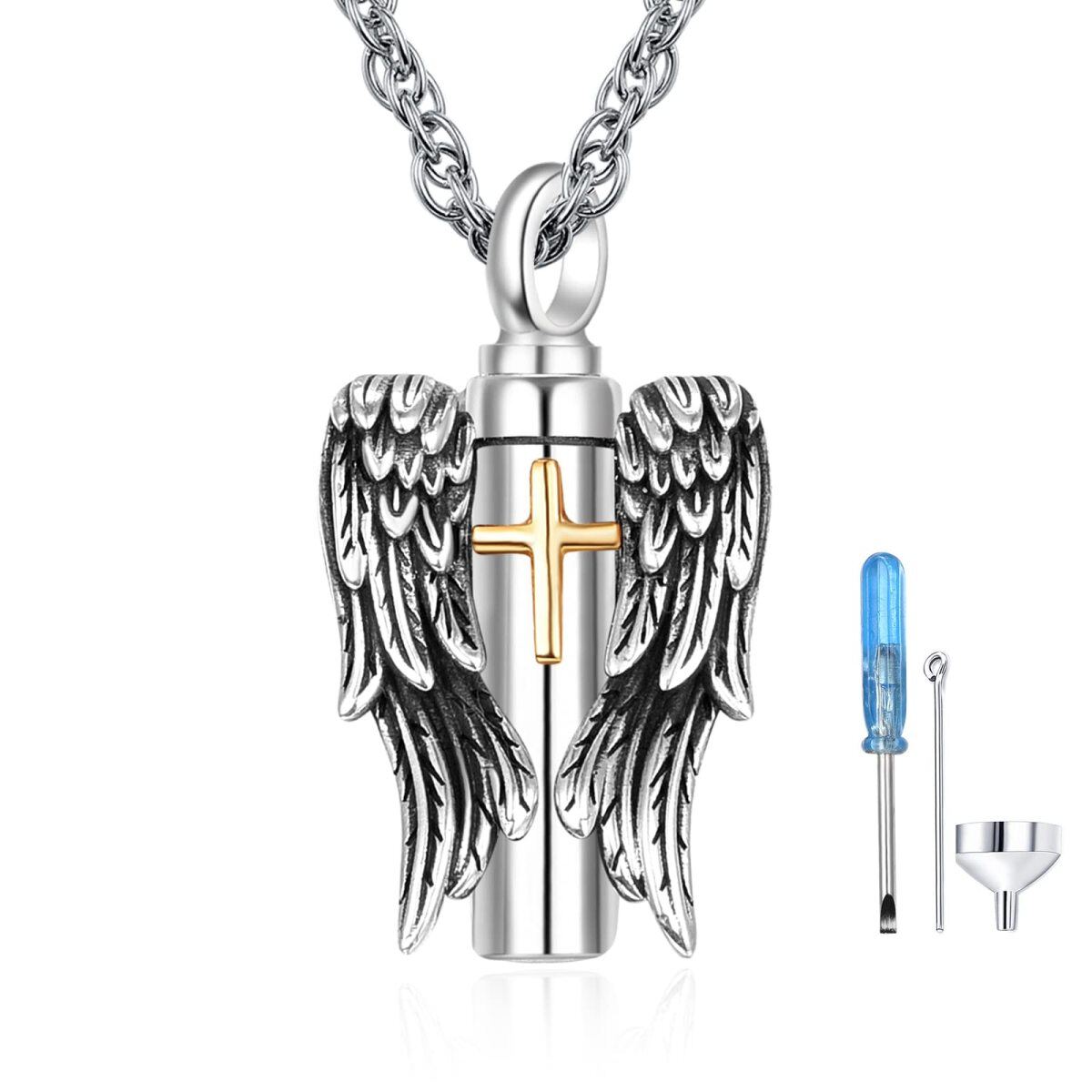 Collar de plata de ley de dos tonos con alas de ángel y urna en forma de cruz-1