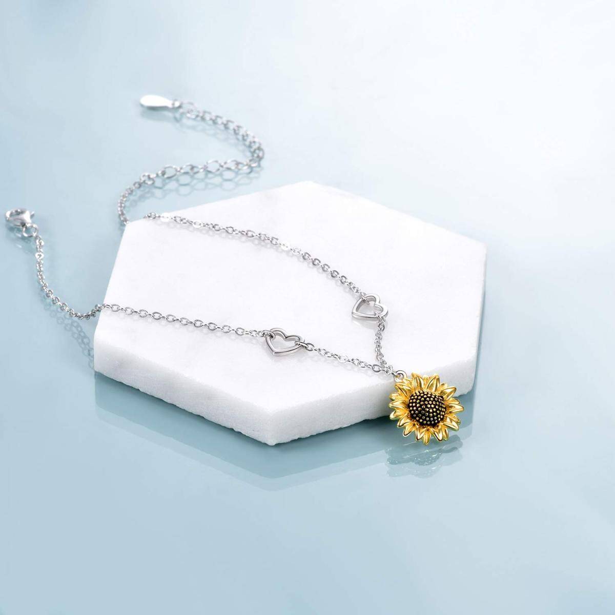 Sterling Silver Two-tone Sunflower & Heart Pendant Bracelet-3
