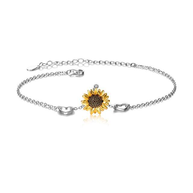 Sterling Silber zweifarbig Sonnenblume & Herz Anhänger Armband-0