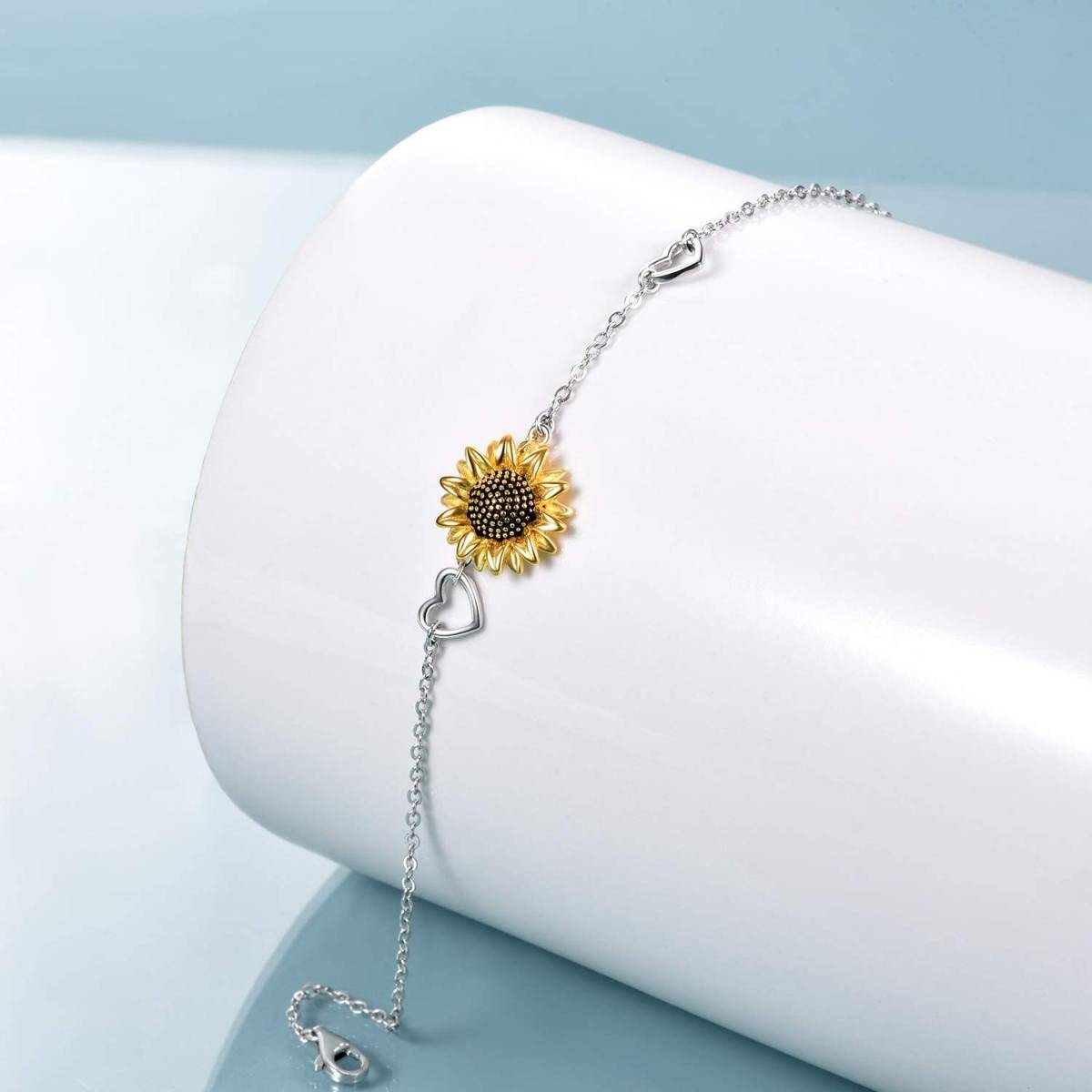 Sterling Silver Two-tone Sunflower & Heart Pendant Bracelet-2