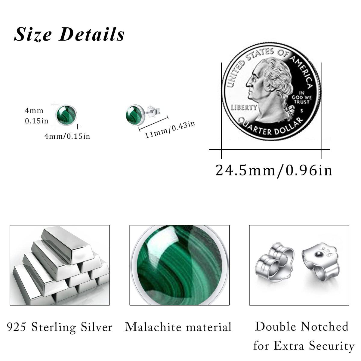 Sterling Silver Round Malachite Round Stud Earrings-6