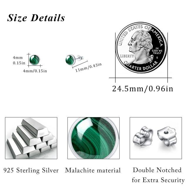 Brincos de prata esterlina com pino redondo de malaquite-5
