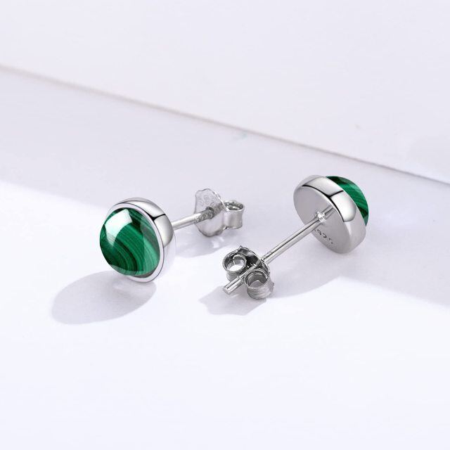 Sterling Silver Round Malachite Round Stud Earrings-3