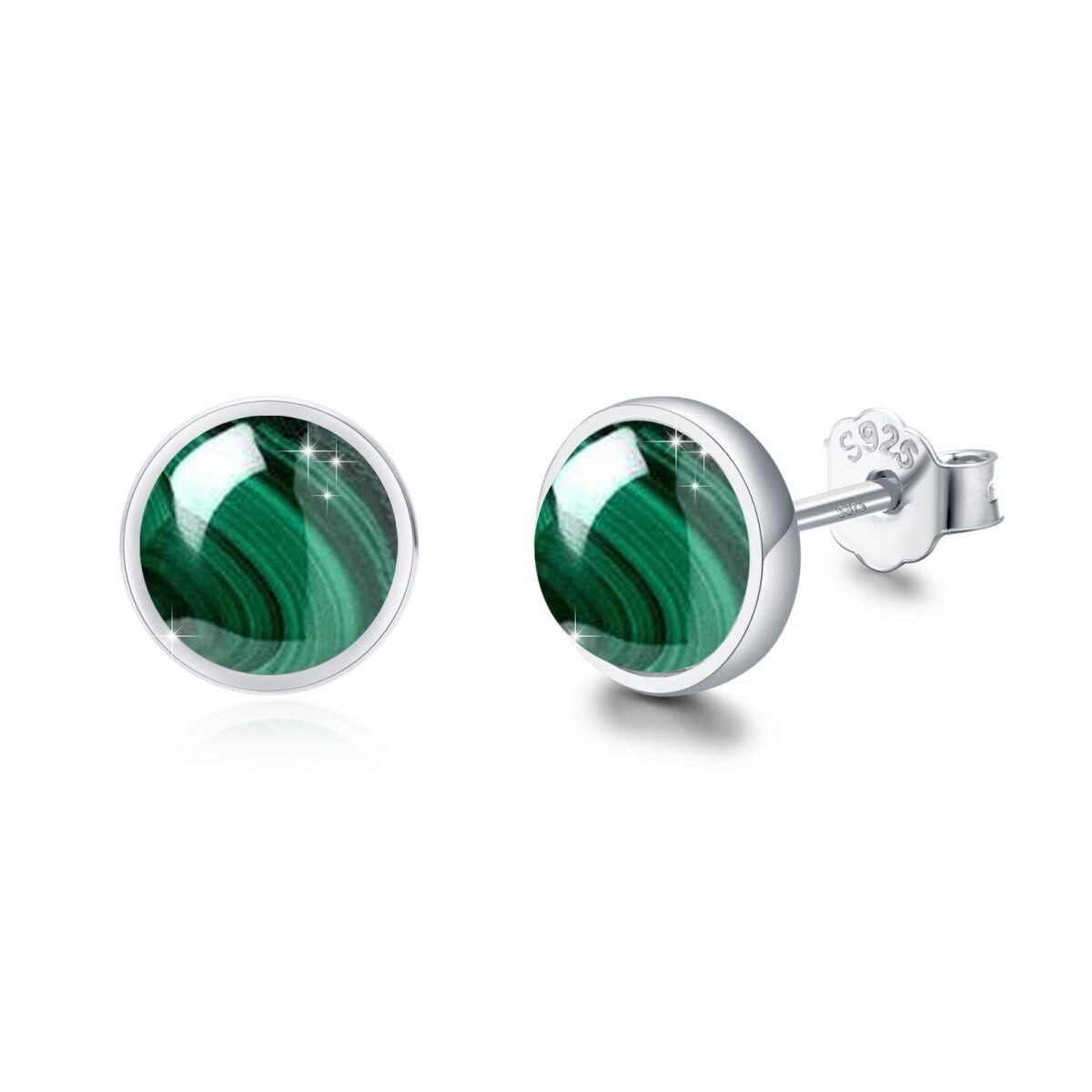 Sterling Silver Round Malachite Round Stud Earrings-1