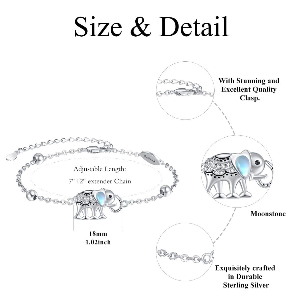 Sterling Silver Pear Shaped Cubic Zirconia & Moonstone Elephant Pendant Bracelet-5