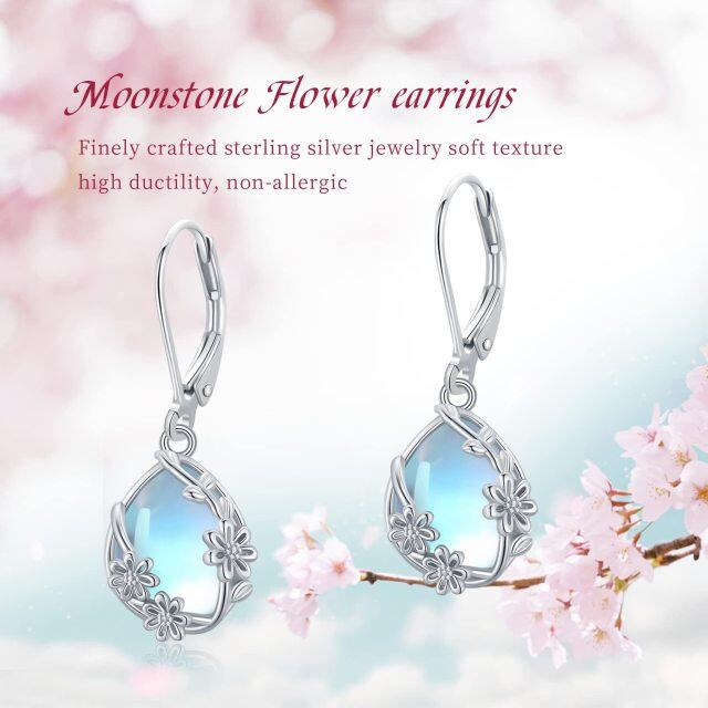 Sterling Silver Moonstone Daisy & Drop Shape Lever-back Earrings-3