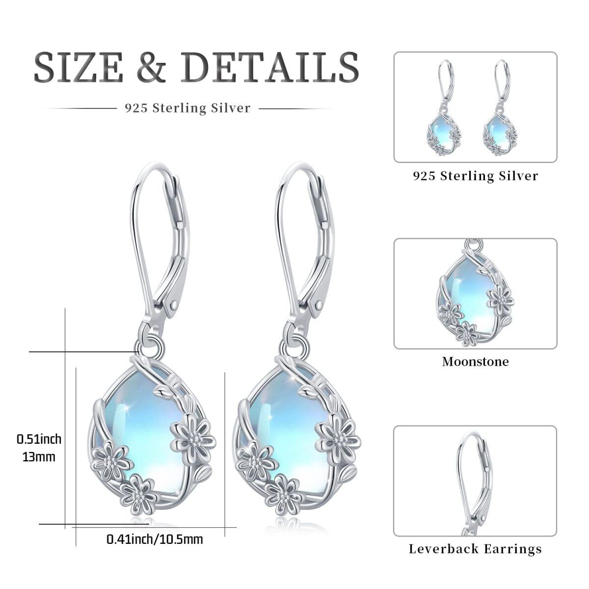 Sterling Silver Moonstone Daisy & Drop Shape Lever-back Earrings-6