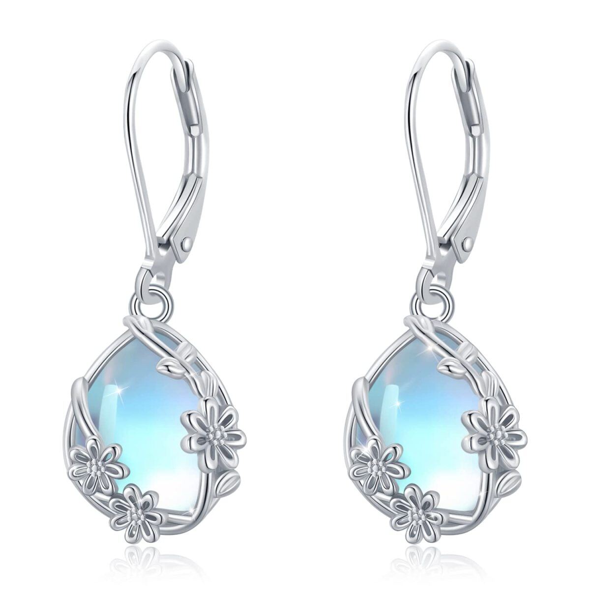 Boucles d'oreilles en argent Sterling Moonstone Daisy & Drop Shape Lever-back Earrings-1