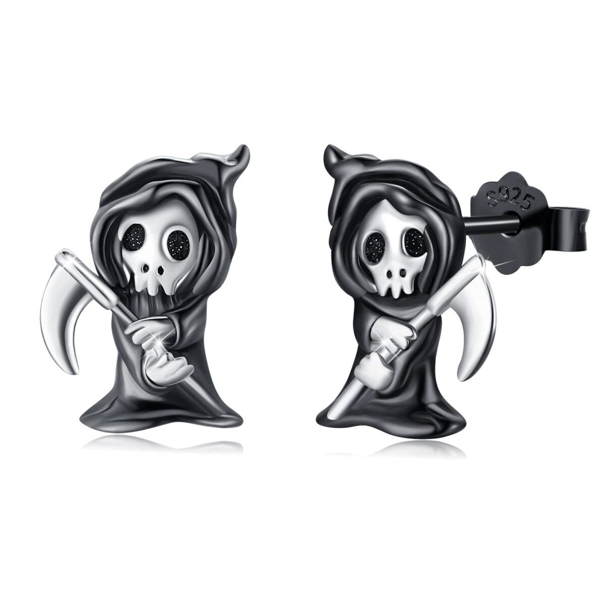 Sterling Silver Two-tone Skull Stud Earrings-1