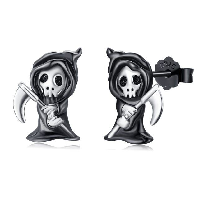 Sterling Silver Two-tone Skull Stud Earrings-2