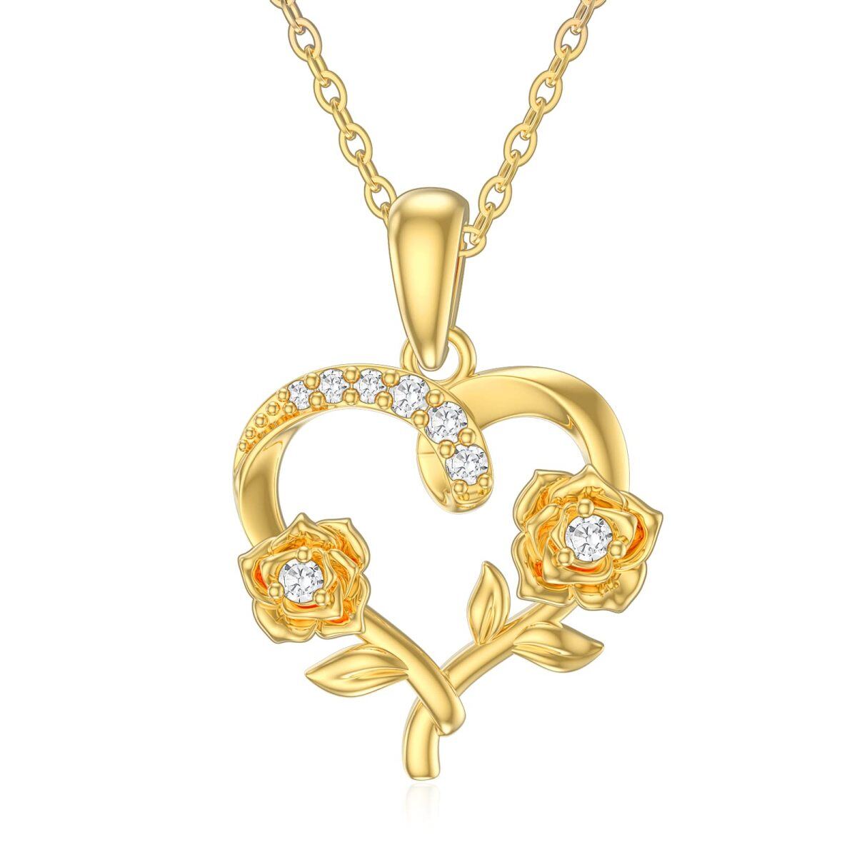 14K Gold Zircon Lily & Lotus & Rose Pendant Necklace-1