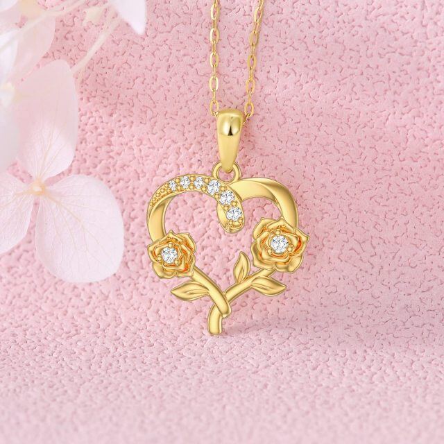 14K Gold Zircon Lily & Lotus & Rose Pendant Necklace-2