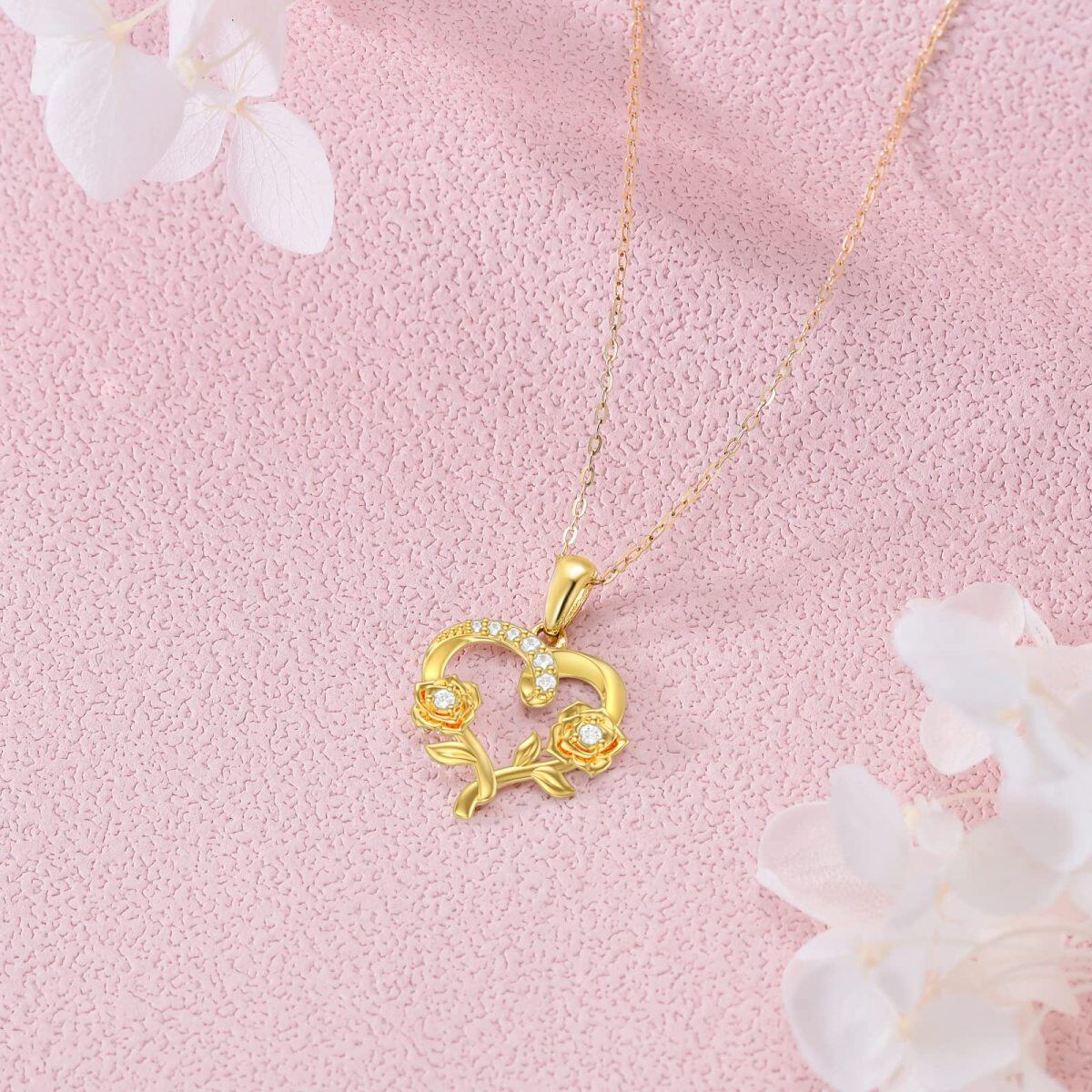 14K Gold Zircon Lily & Lotus & Rose Pendant Necklace-4