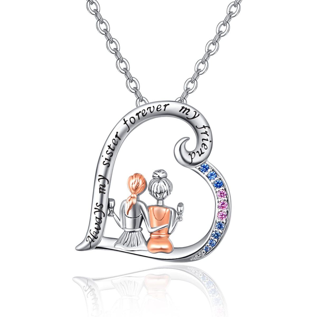 Sterling Silber zweifarbig Cubic Zirkonia Schwestern in Herz Anhänger Halskette Geschenk für Schwestern-1