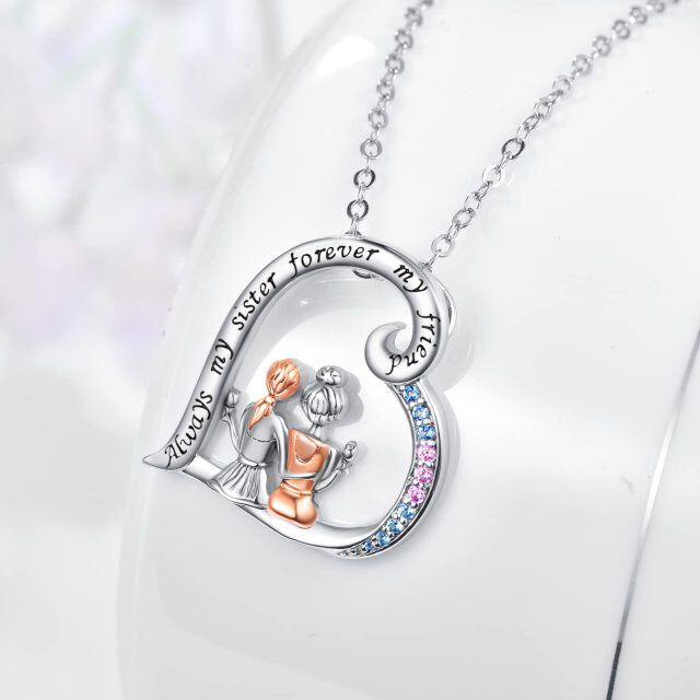 Sterling Silver Two-tone Cubic Zirconia Sisters in Heart Pendant Necklace Gift for Sisters-4