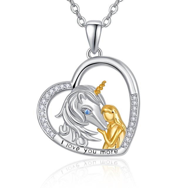 Sterling Silver Two-tone Cubic Zirconia Unicorn Pendant Necklace with Engraved Word-3