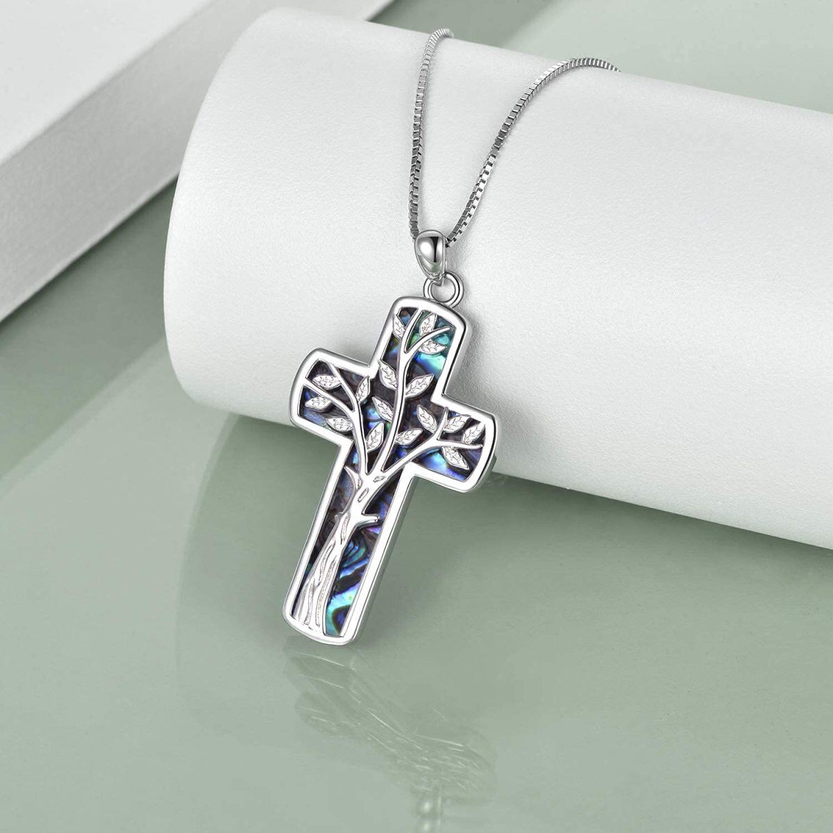 Sterling Silver Abalone Shellfish Cross Pendant Necklace-3