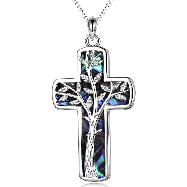 Sterling Silver Abalone Shellfish Cross Pendant Necklace-4