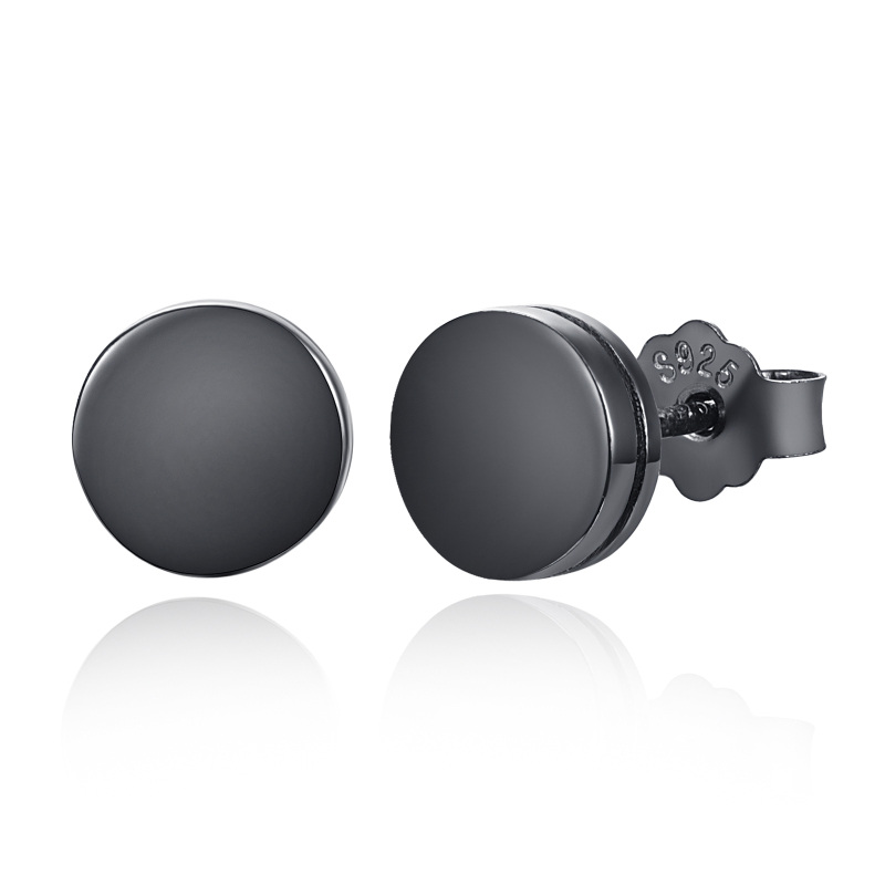 Sterling Silver with Black Plated Round Stud Earrings for Men