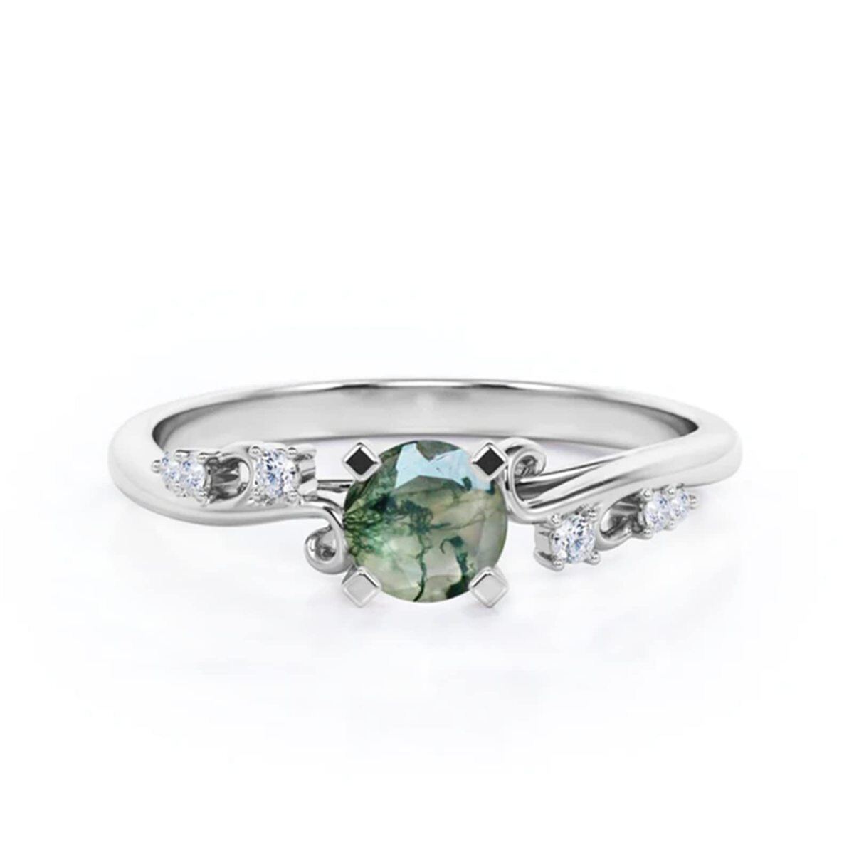 Sterling Silver Moissanite & Moss Agate Personalized Engraving Engagement Ring-1