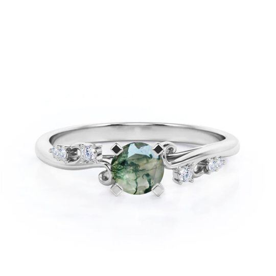 Sterling Silver Moissanite & Moss Agate Personalized Engraving Engagement Ring