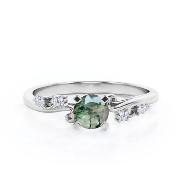 Sterling Silver Moissanite & Moss Agate Personalized Engraving Engagement Ring-0