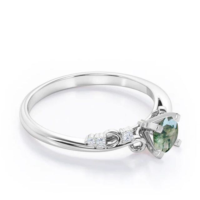 Sterling Silver Moissanite & Moss Agate Personalized Engraving Engagement Ring-2