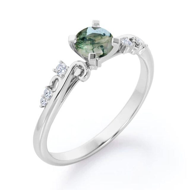 Sterling Silver Moissanite & Moss Agate Personalized Engraving Engagement Ring-3