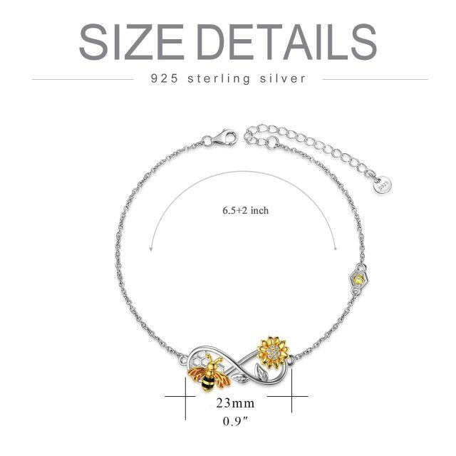 Sterling Silver Cubic Zirconia Bee & Sunflower & Infinity Symbol Pendant Bracelet-3