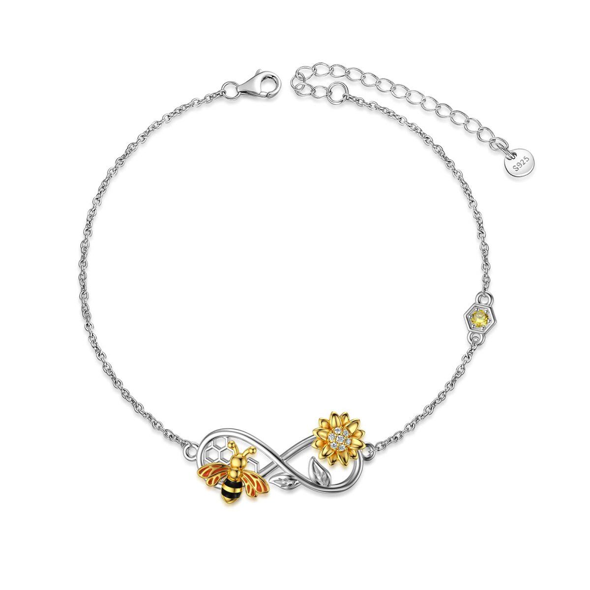 Pulsera de plata de ley con circonita cúbica, abeja, girasol y símbolo del infinito-1