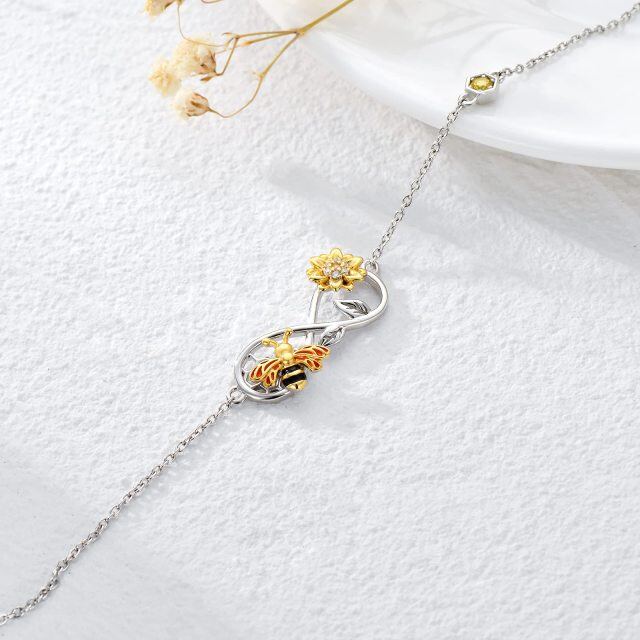 Sterling Silver Cubic Zirconia Bee & Sunflower & Infinity Symbol Pendant Bracelet-2