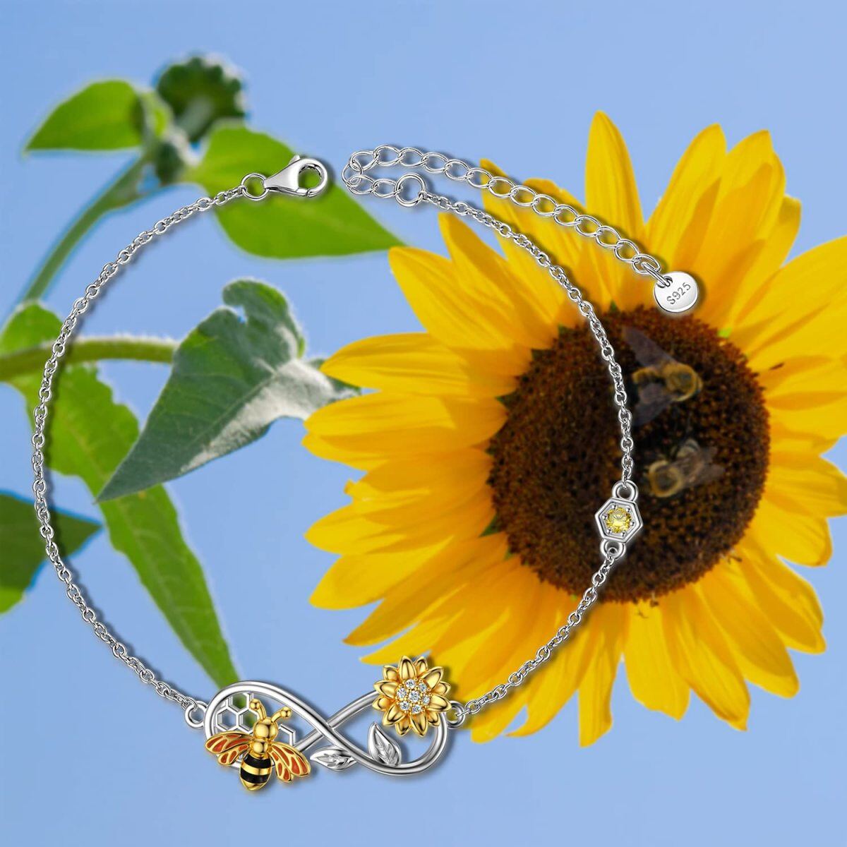 Sterling Silver Cubic Zirconia Bee & Sunflower & Infinity Symbol Pendant Bracelet-5