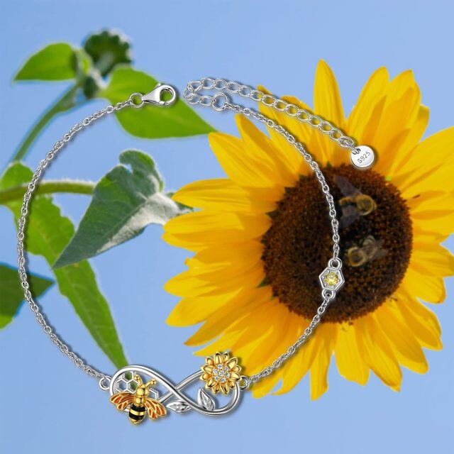 Sterling Silver Cubic Zirconia Bee & Sunflower & Infinity Symbol Pendant Bracelet-4