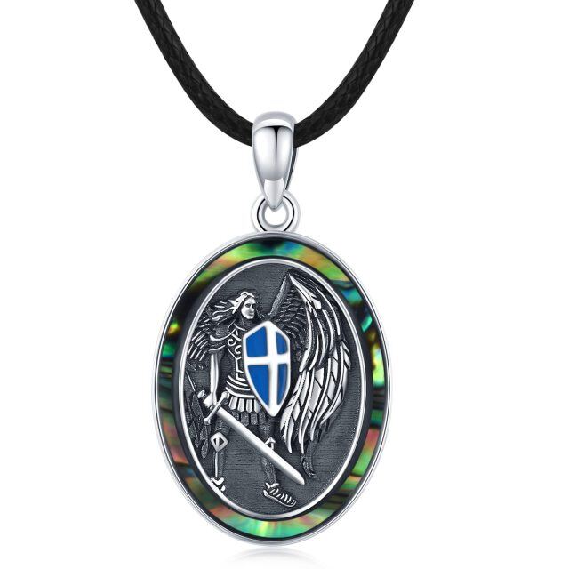 Sterling Silver Two-tone Abalone Shellfish Saint Michael Pendant Necklace-0