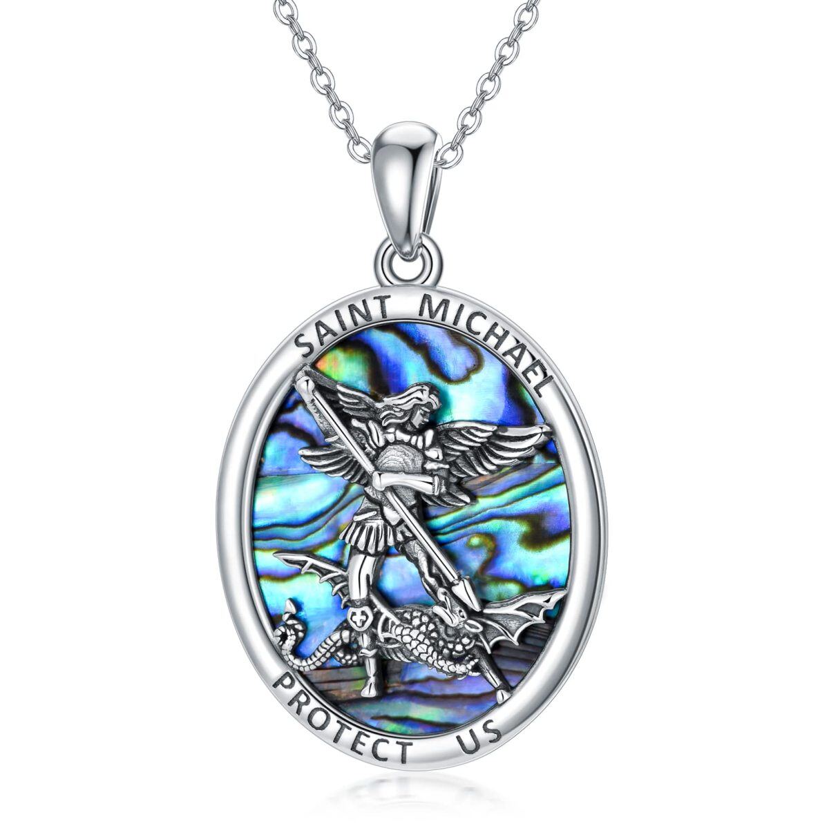 Sterling Silver Abalone Shellfish Saint Michael Pendant Necklace for Women-1
