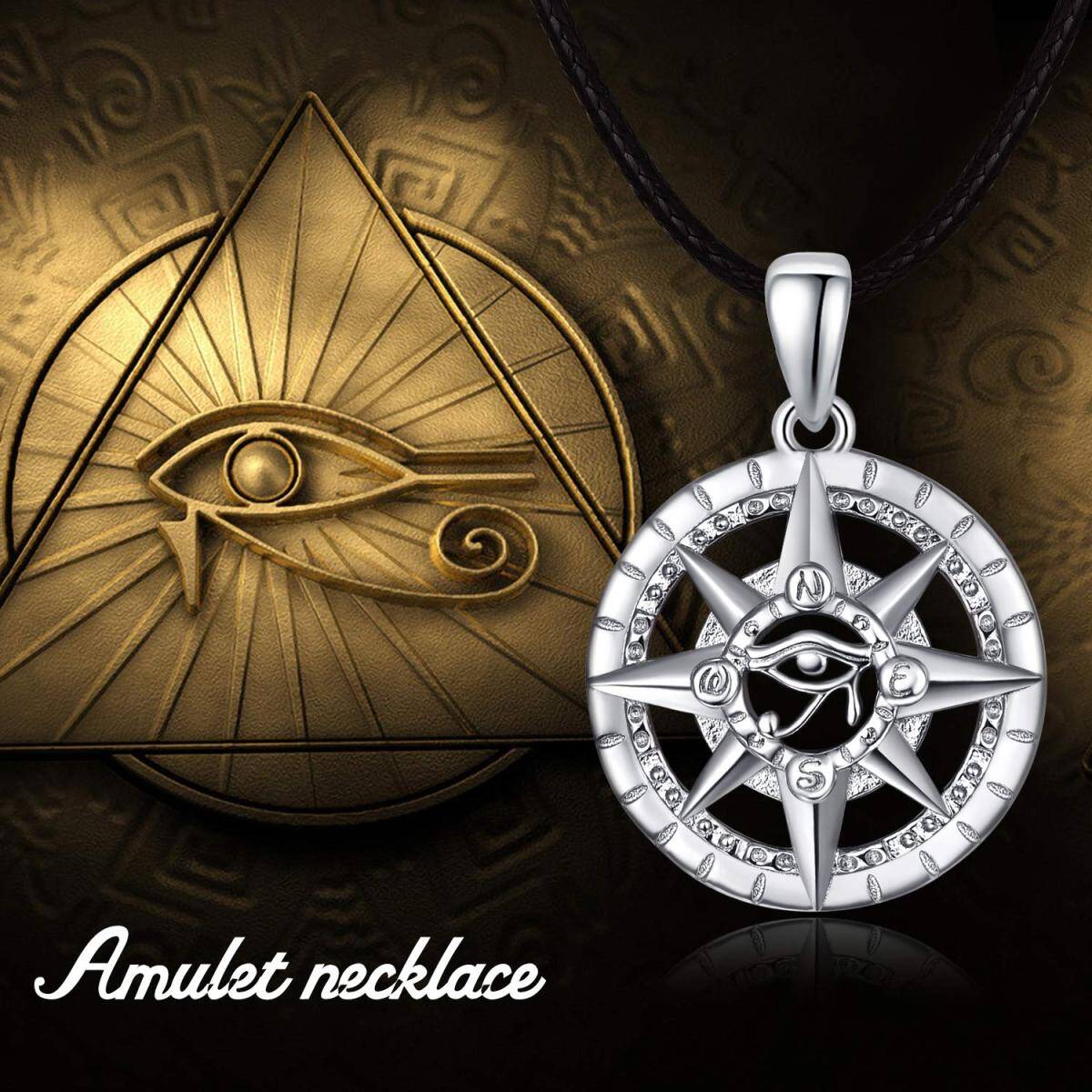 Sterling Silver Compass & Eye of Horus Pendant Necklace for Men-3