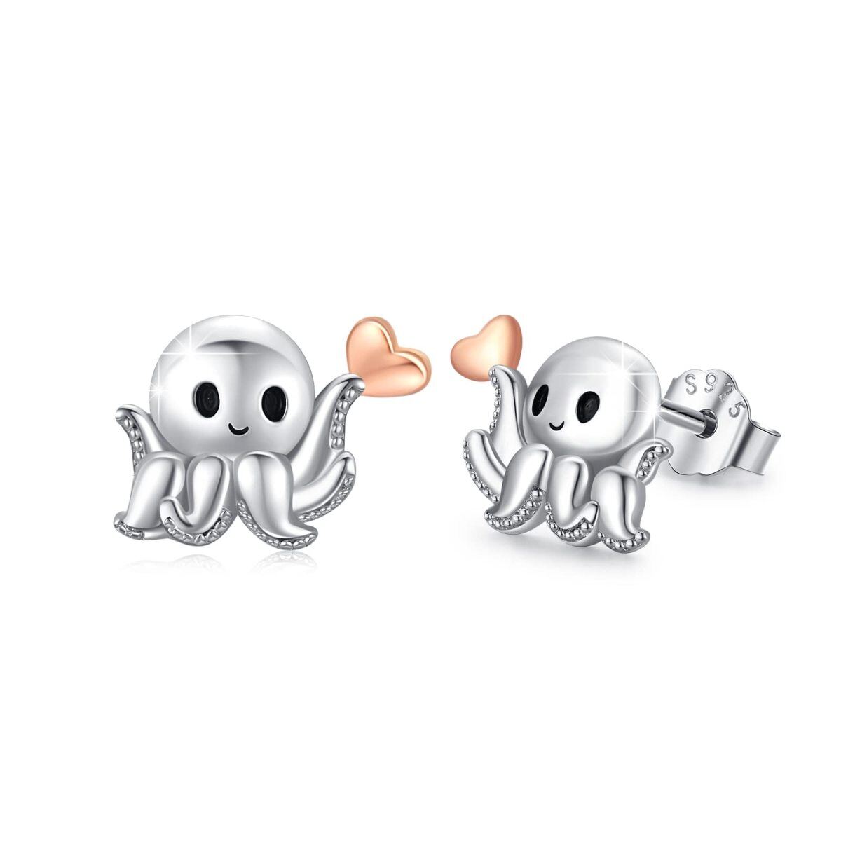 Sterling Silver Two-tone Octopus & Heart Stud Earrings-1