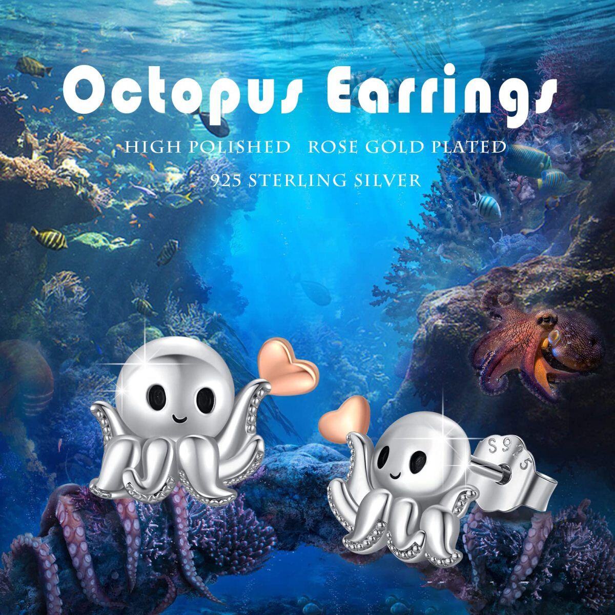 Sterling Silver Two-tone Octopus & Heart Stud Earrings-4