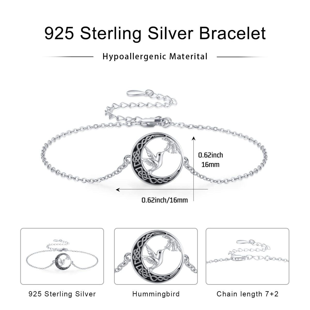 Sterling Silver Hummingbird & Celtic Knot & Moon Pendant Bracelet-6