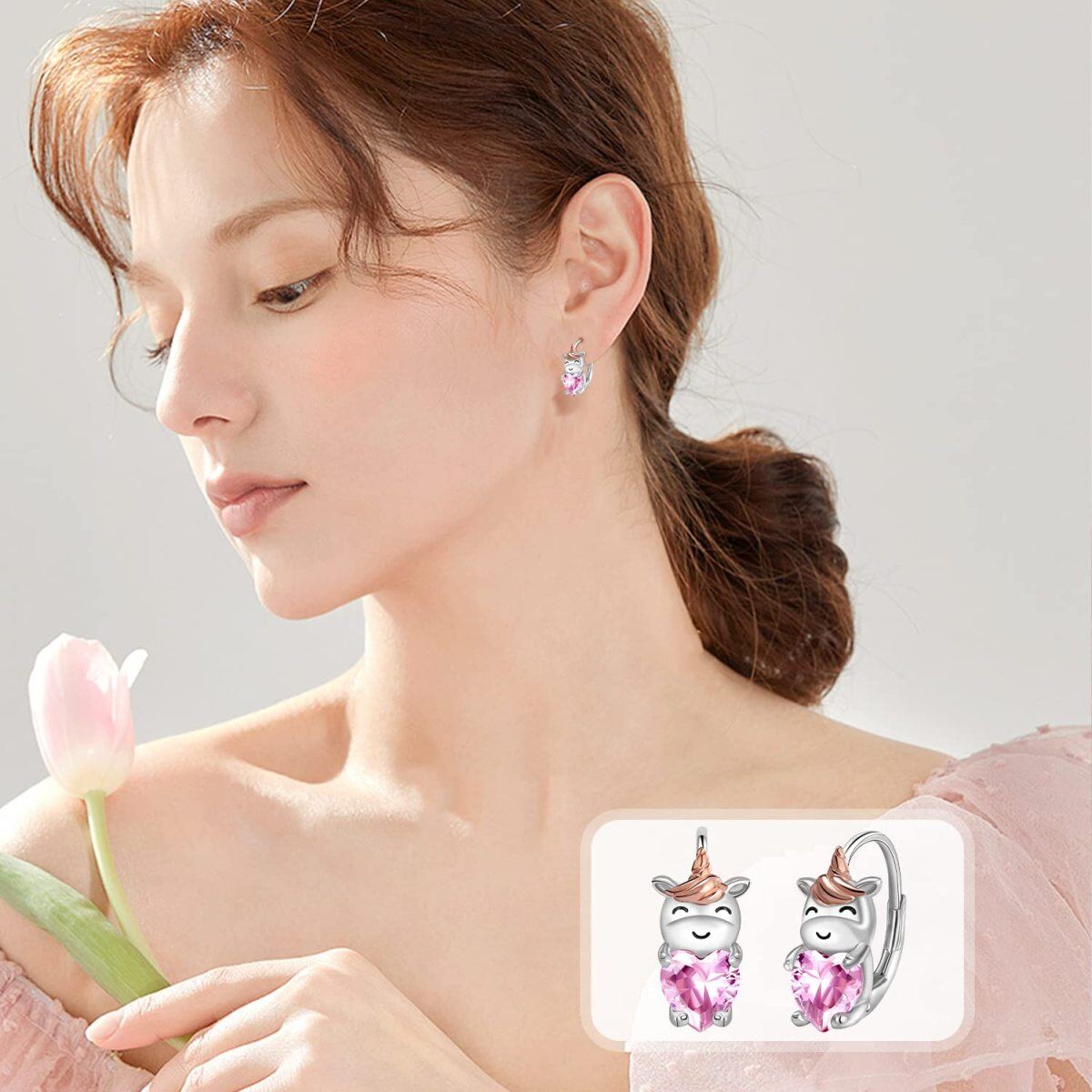 Sterling Silver Two-tone Heart Shaped Cubic Zirconia Unicorn Hoop Earrings-4