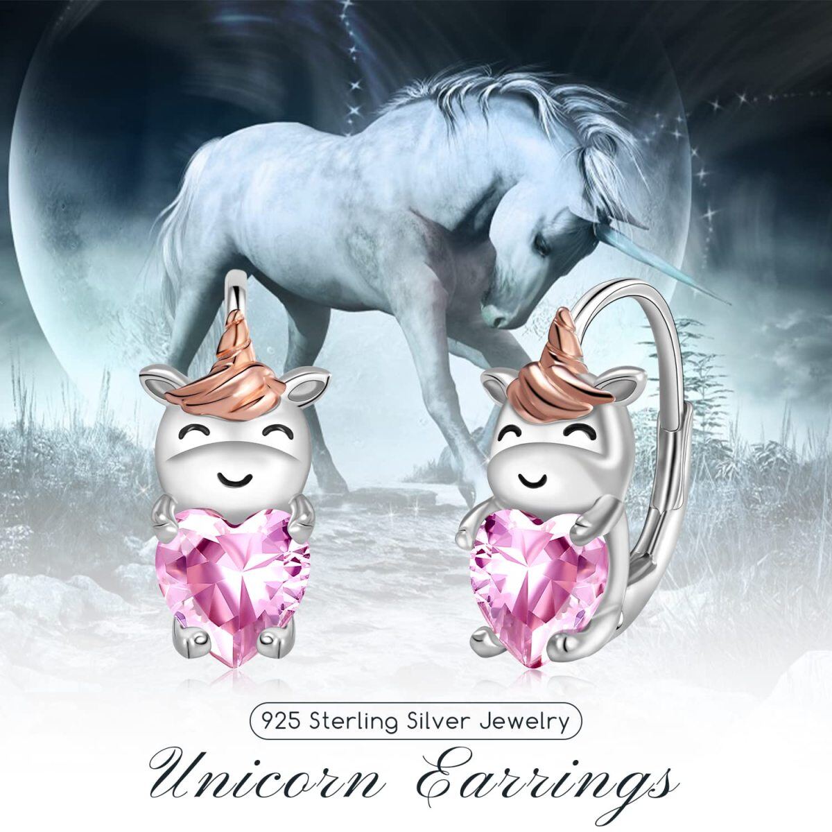 Sterling Silver Two-tone Heart Shaped Cubic Zirconia Unicorn Hoop Earrings-6