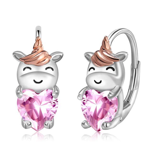 Sterling Silver Two-tone Heart Shaped Cubic Zirconia Unicorn Hoop Earrings-1