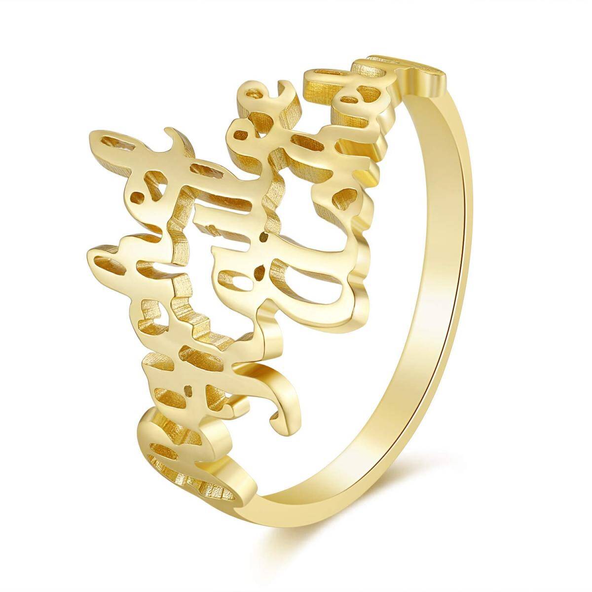 Anillo llamativo personalizado con tres nombres grabado en oro de 10 quilates para mujer-1