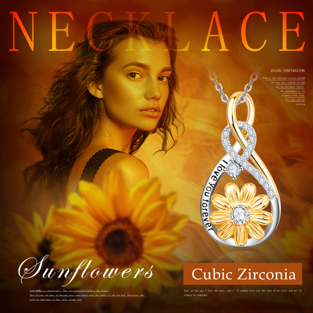 Sterling Silver Circular Shaped Cubic Zirconia Sunflower & Infinity Symbol Pendant Necklace with Engraved Word-4